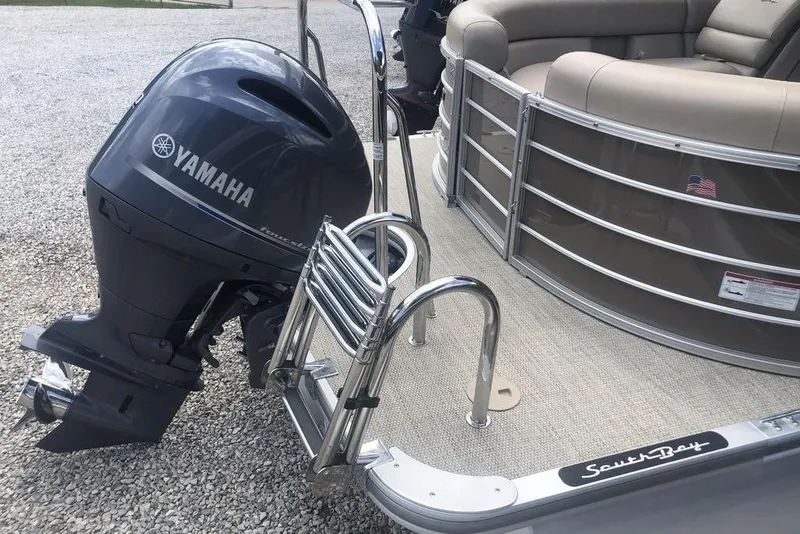Slide: The Image of 2018 South Bay 822 CR pontoon boat with Yamaha outboard motor and ladder. - 6