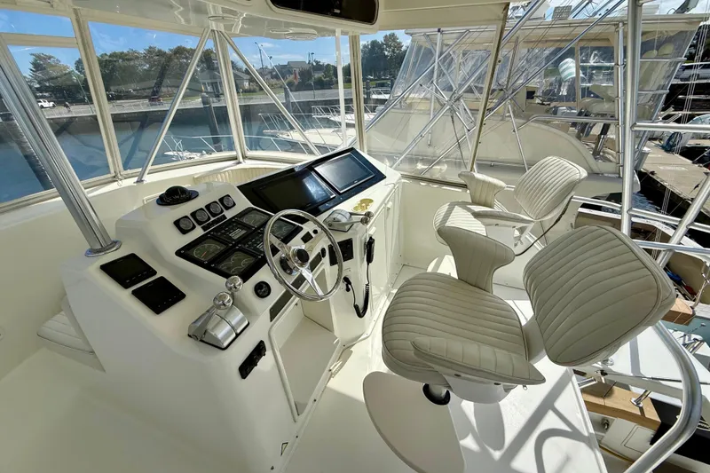 Slide: The Image of Cockpit of 2000 Ocean Yachts 48, featuring modern controls and plush seating. - 25