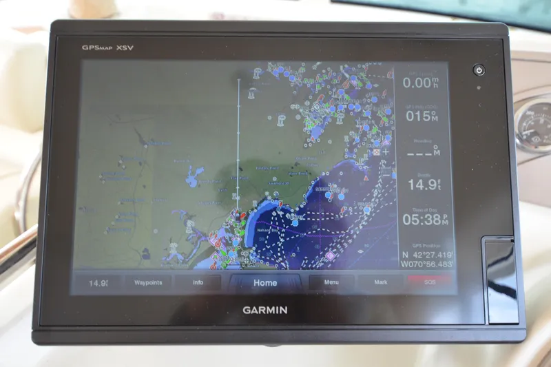 Slide: The Image of Garmin GPS display on 2007 Jeanneau Prestige 46 yacht, showing nautical chart and navigation data. - 29