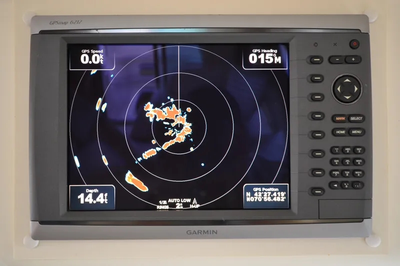 Slide: The Image of Garmin GPS display on 2007 Jeanneau Prestige 46 yacht, showing navigation data. - 30