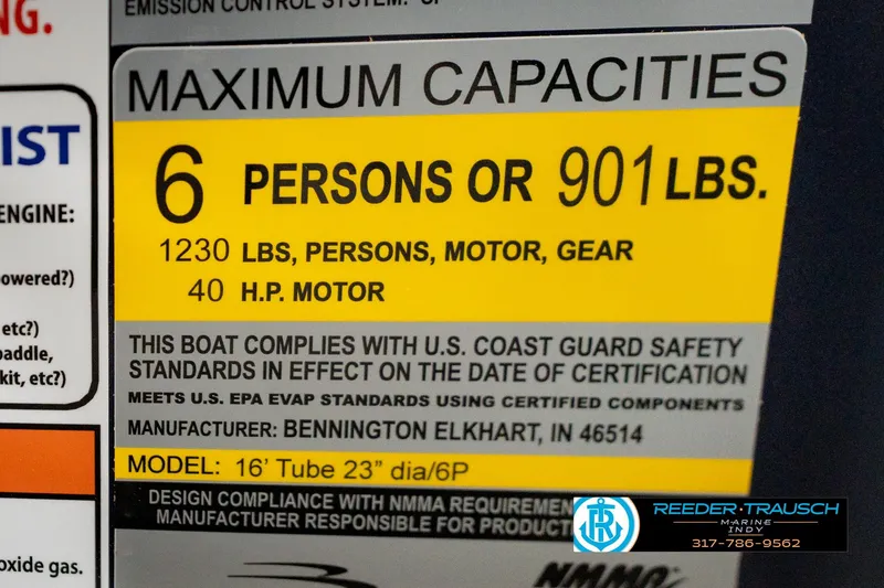 Slide: The Image of 2026 Bennington 168 SLJ capacity label: 6 persons, 901 lbs, 40 HP motor compliance. - 65
