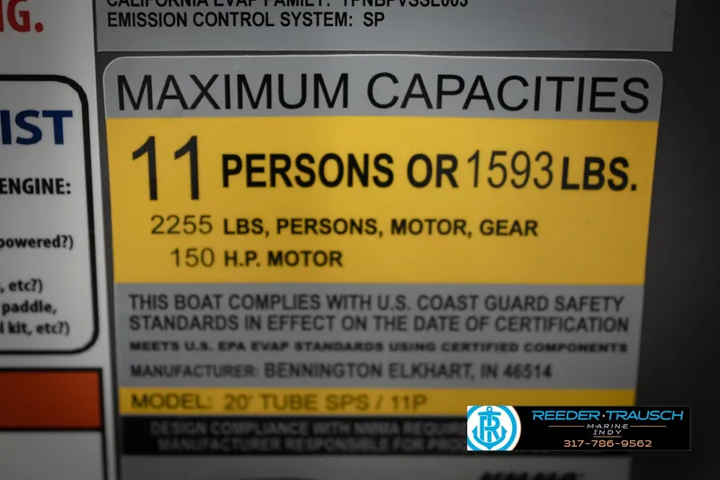 Slide: The Image of 2026 Bennington 21 SL boat capacity label: 11 persons or 1593 lbs, 150 HP motor. - 60