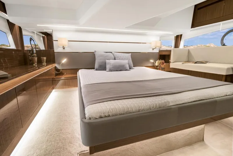 Slide: The Image of Luxurious bedroom interior of 2026 Sealine C430 yacht with modern design and elegant furnishings. - 23