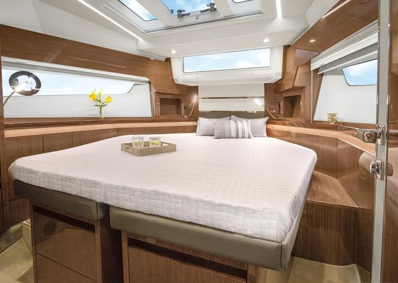 Slide: The Image of Luxurious cabin interior of 2026 Sealine C430 yacht with modern design and skylight. - 36