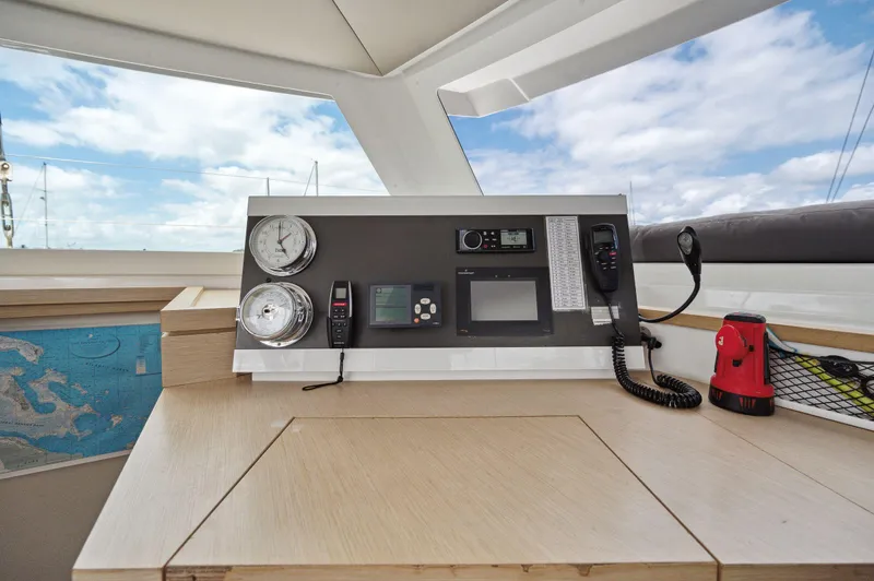 Slide: The Image of 2018 Fountaine Pajot Lucia 40 yacht helm with navigation instruments and controls. - 23