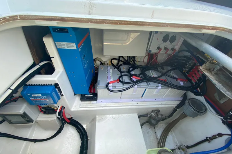 Slide: The Image of Electrical system of a 2018 Fountaine Pajot Lucia 40 catamaran, featuring batteries and wiring. - 76