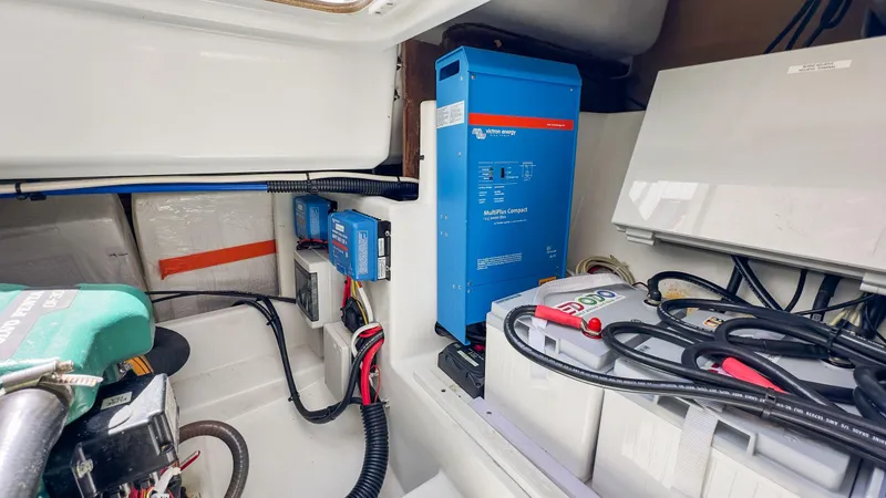 Slide: The Image of Electrical system of 2018 Fountaine Pajot Lucia 40 catamaran, featuring batteries and wiring. - 77