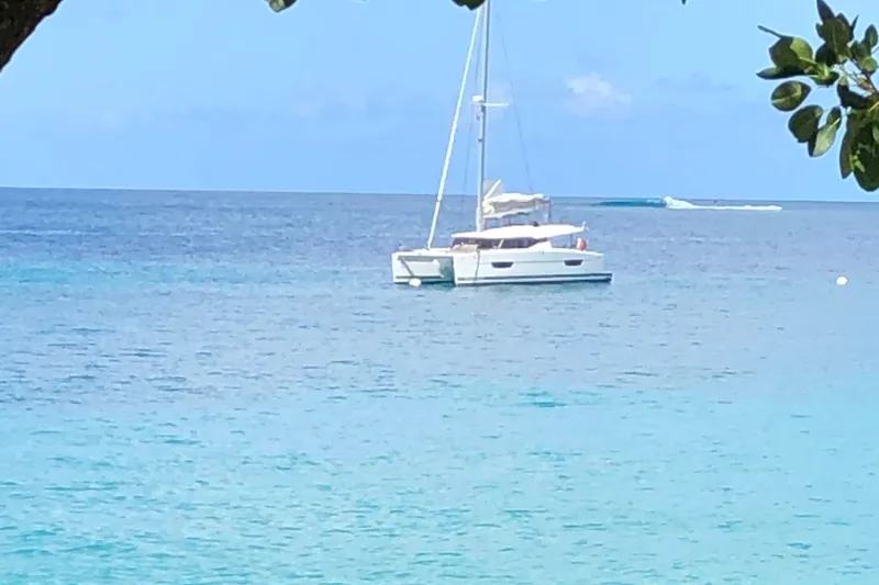 Slide: The Image of 2018 Fountaine Pajot Lucia 40 catamaran anchored in tranquil blue waters. - 88