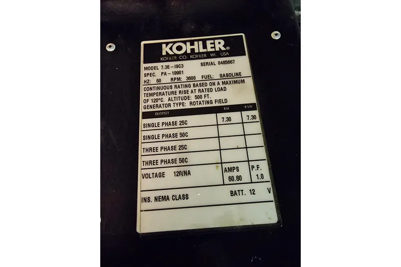 Slide: The Image of Kohler generator label on 1982 Chris-Craft 410 Motor Yacht, model 7.3E-19C3, gasoline fuel. - 23