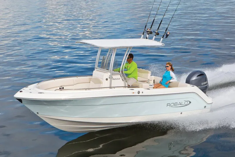 Slide: The Image of Manufacturer Provided Image: 2020 Robalo R222 Center Console boat cruising on water. - 17