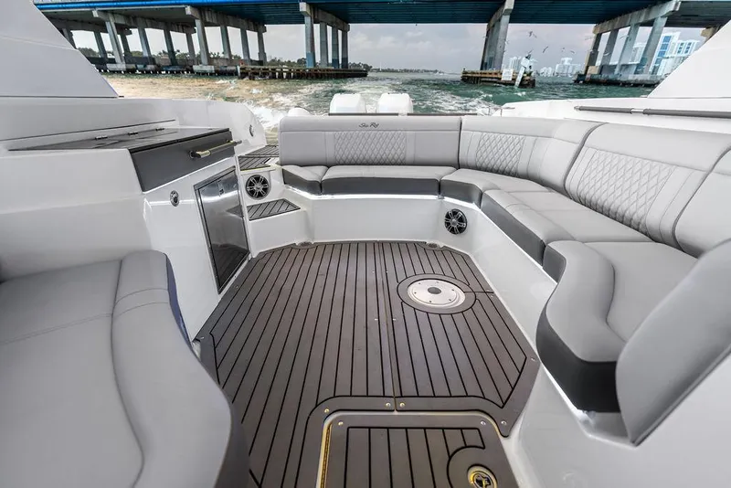 Slide: The Image of Luxurious interior of 2021 Sea Ray 350 SLX OB boat with sleek seating and modern design. - 20