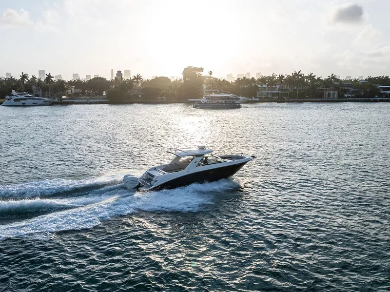 Slide: The Image of 2021 Sea Ray 350 SLX OB cruising on a sunny waterfront. - 7