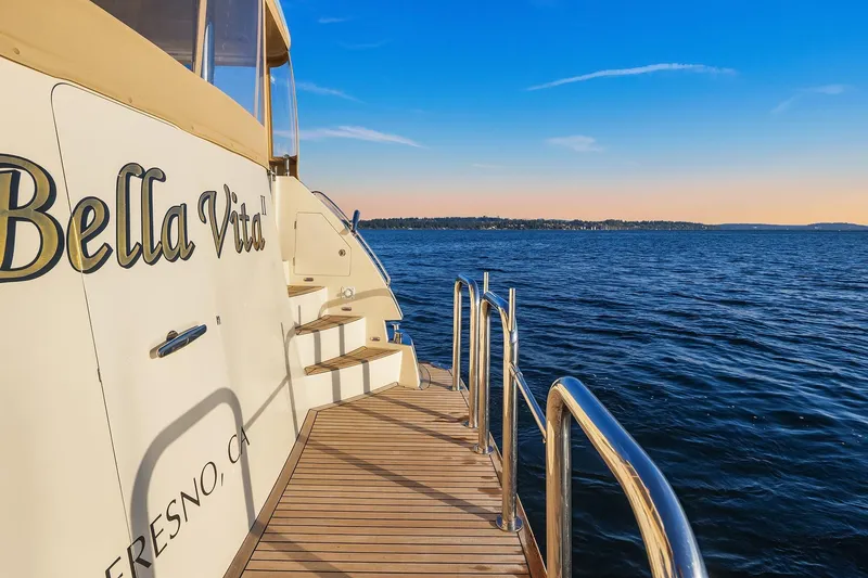 Slide: The Image of Shower view on 2014 Hampton 720 Skylounge LRC yacht, overlooking water and blue sky. - 99