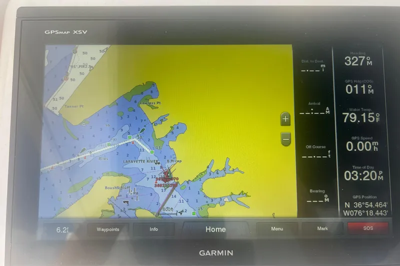 Slide: The Image of Garmin GPS display on 2017 Belzona 325 Center Console, showing navigation map and data. - 54
