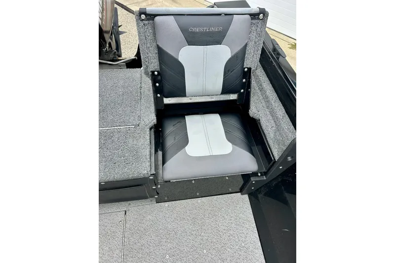 Slide: The Image of 2018 Crestliner CVN16 boat seat with gray and black upholstery. - 29
