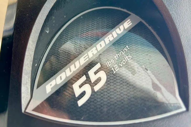 Slide: The Image of Close-up of PowerDrive motor label, 55 lbs thrust, 12 volts, on 2018 Crestliner CVN16. - 3