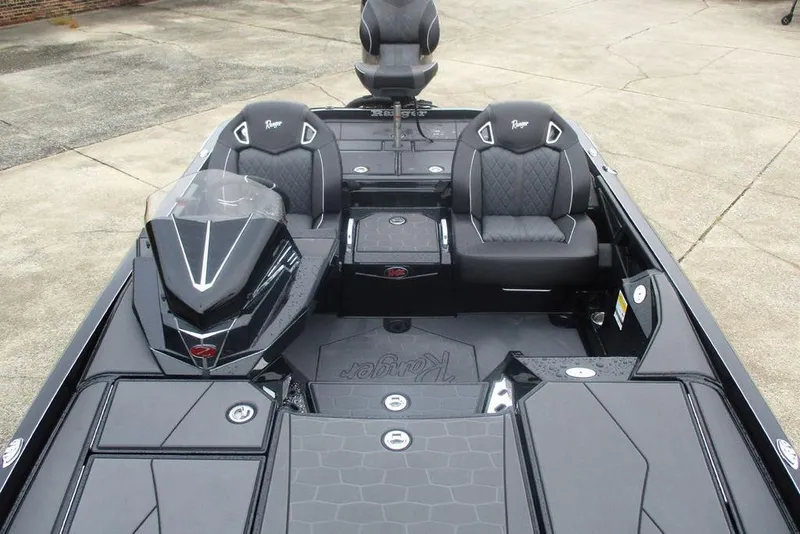 Slide: The Image of 2026 Ranger Z520R Cup-Equipped boat interior with sleek black seating and modern design. - 9