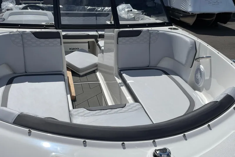Slide: The Image of 2026 Bayliner Element E17 boat interior with cushioned seating and modern design. - 3