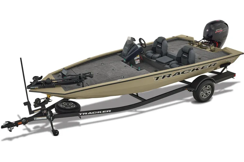 Slide: The Image of 2026 Tracker Pro Team 195 fishing boat on trailer, displayed outdoors. - 2