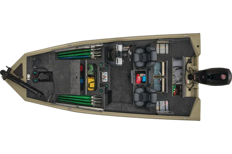 Slide: The Image of 2026 Tracker Pro Team 195 boat interior with gray seating and red accents. - 13