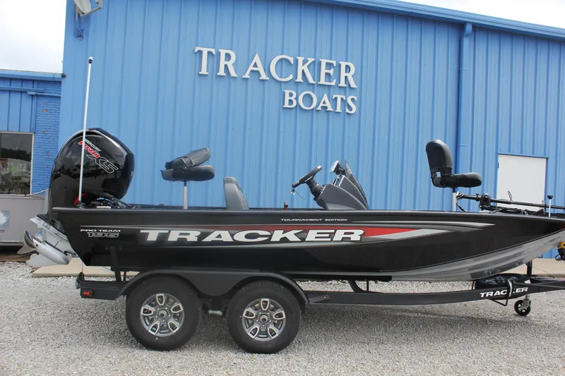 The Image of 2026 Tracker Pro Team 195 boat displayed outside Tracker Boats building. - 0
