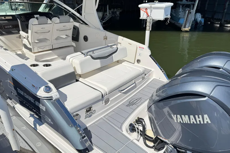 Slide: The Image of 2022 Chaparral 280 OSX boat with Yamaha engines, featuring a sleek interior and modern design. - 9