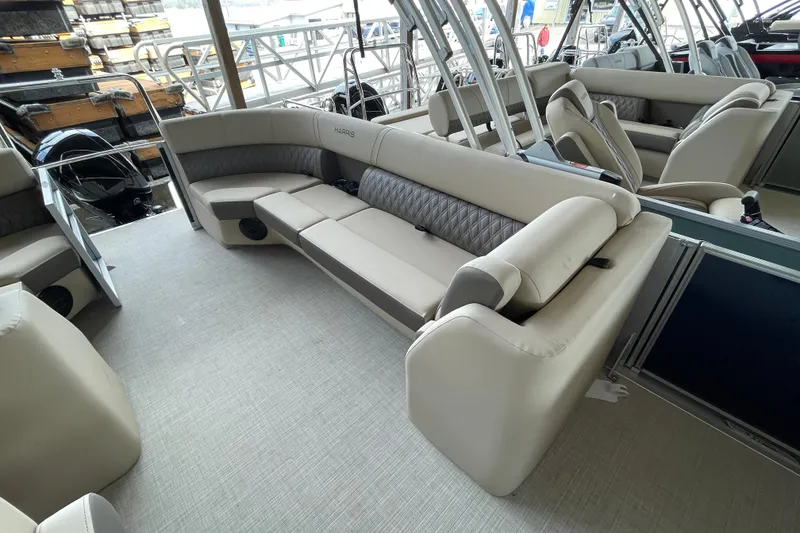 Slide: The Image of Luxurious seating on 2026 Harris Cruiser 230 pontoon boat, featuring elegant design and comfort. - 13