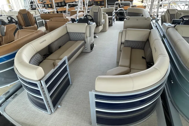 Slide: The Image of 2026 Harris Cruiser 230 pontoon boat interior with luxurious seating and modern design. - 20