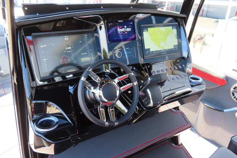 Slide: The Image of 2026 Sunsation 32CCX boat dashboard with advanced navigation and control systems. - 12