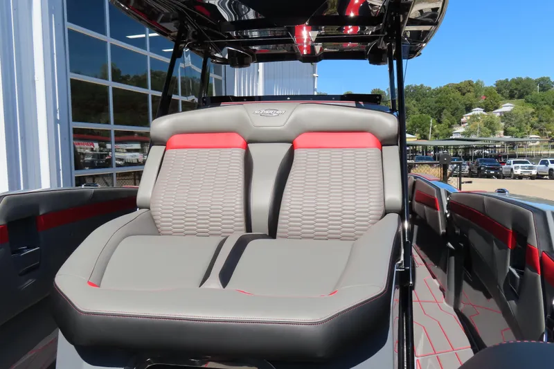 Slide: The Image of 2026 Sunsation 32CCX boat interior with stylish gray and red seating. - 17