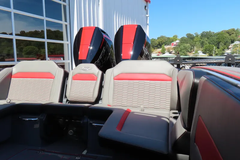 Slide: The Image of 2026 Sunsation 32CCX boat interior with stylish seating and dual engines. - 28