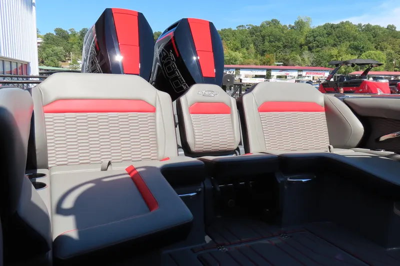 Slide: The Image of 2026 Sunsation 32CCX boat interior with stylish seating and powerful engines. - 7