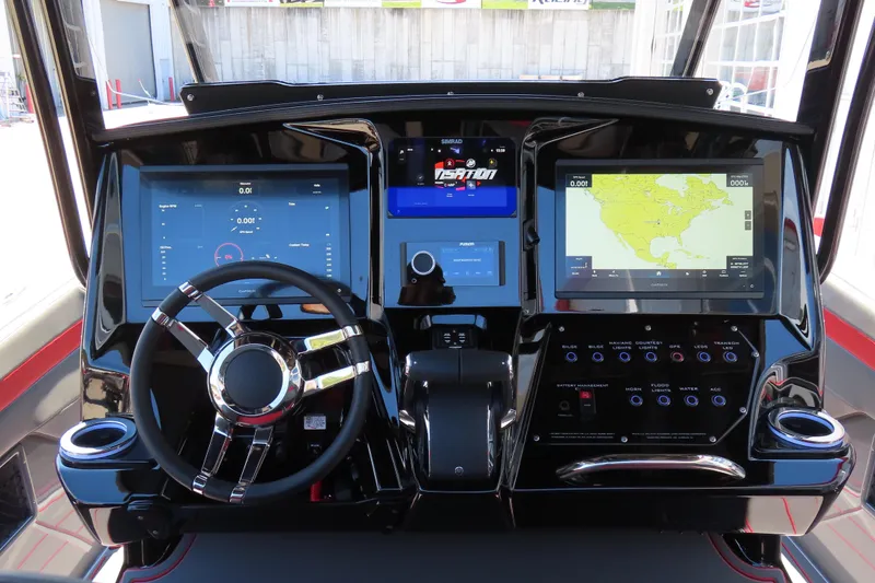 Slide: The Image of 2026 Sunsation 32CCX boat dashboard with advanced navigation and control systems. - 9