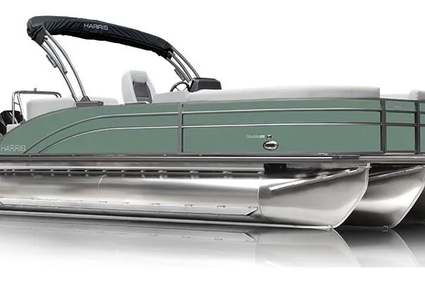 Slide: The Image of 2026 Harris Cruiser 210 SL pontoon boat with sleek design and green exterior. - 8