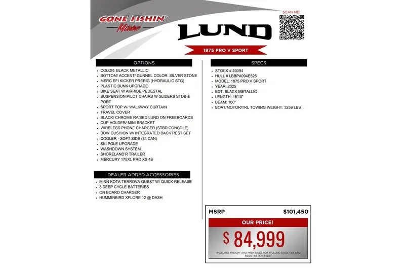 Slide: The Image of 2025 Lund 1875 Pro-V Sport boat features, pricing, and specifications sheet. - 48