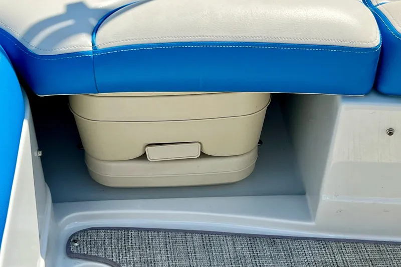 Slide: The Image of 2020 Crownline Eclipse E205 XS Fish boat interior with blue and white seating. - 18