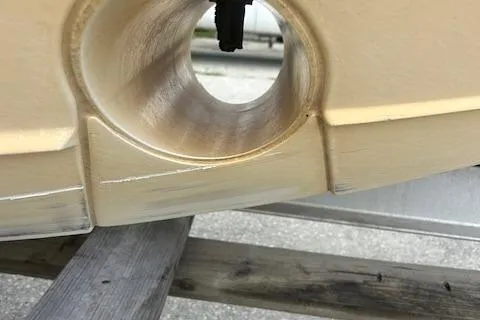 Slide: The Image of Close-up of a 2020 Pursuit OS 325 Offshore boat hull detail. - 4