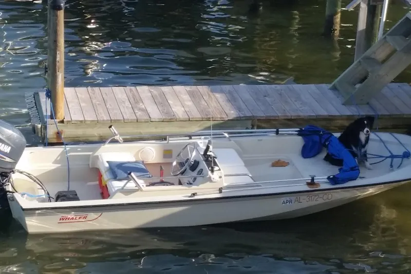 Slide: The Image of 1991 Boston Whaler 15 GLS boat docked with a dog onboard. - 2