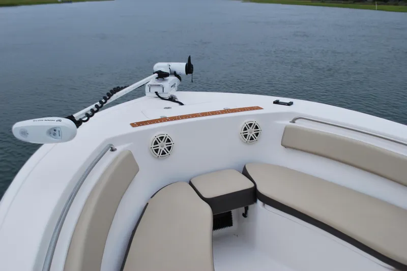 Slide: The Image of 2020 Tidewater 220 LXF boat interior with seating and trolling motor on calm water. - 4