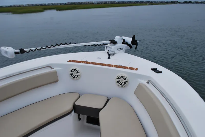 Slide: The Image of 2020 Tidewater 220 LXF boat with bow seating and trolling motor on calm water. - 5