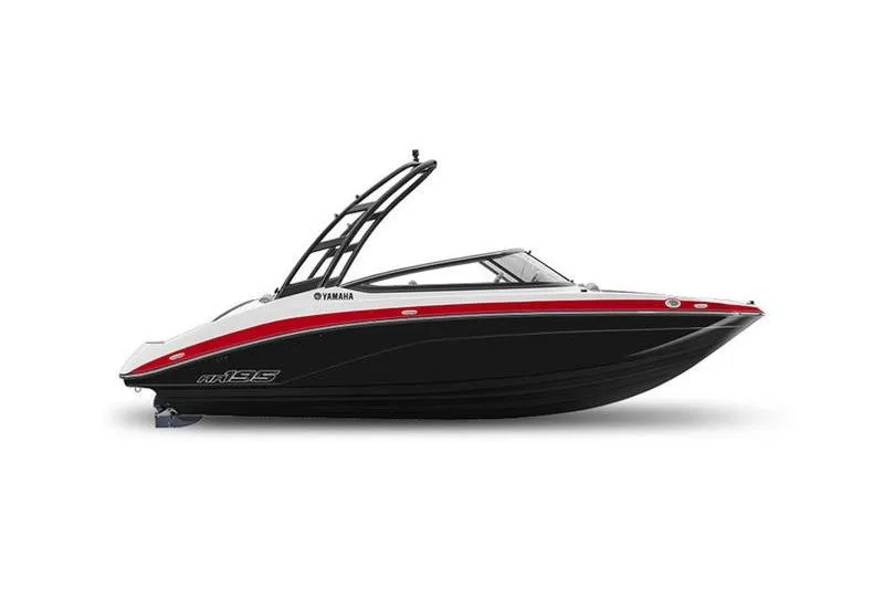 The Image of 2025 Yamaha Boats AR195, sleek black and red design, side view. - 0