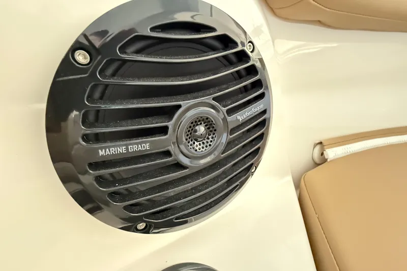Slide: The Image of Marine-grade speaker on 2025 Bayliner Trophy T22SC boat, featuring Rockford Fosgate design. - 14