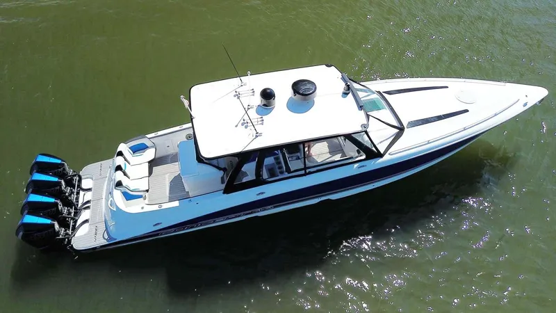 Slide: The Image of 2020 Concept 44' Cuddy Cabin boat on water, aerial view. - 4