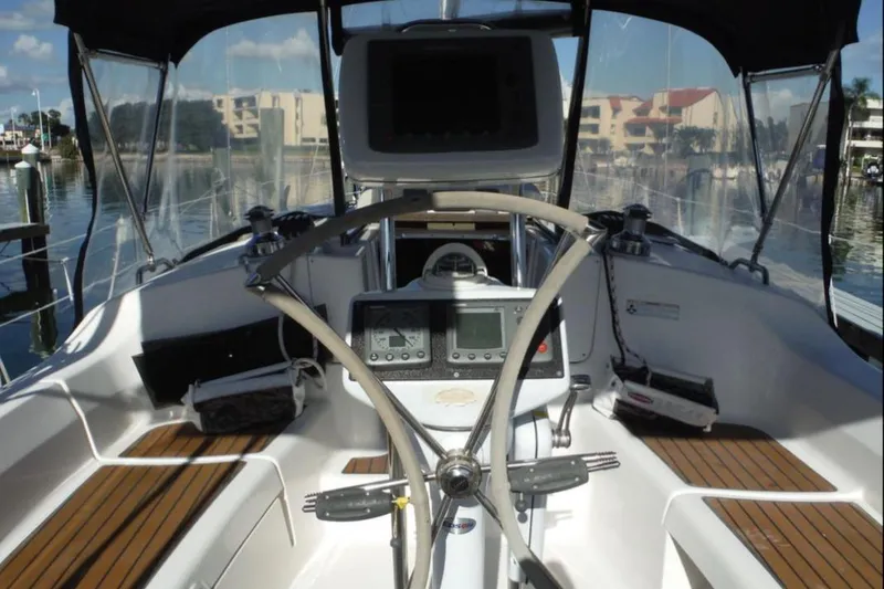 Slide: The Image of Sailboat docked at marina, 2009 Hunter 38 model, overcast sky. - 5