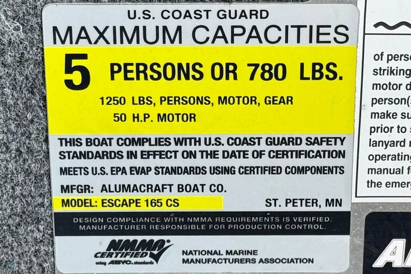 Slide: The Image of 2020 Alumacraft Escape 165 SC capacity label, 5 persons or 780 lbs, 50 HP motor. - 24