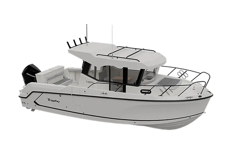 Slide: The Image of Manufacturer Provided Image: 2025 Bayliner Trophy T25 Pilothouse boat, side view, sleek design, white exterior. - 10