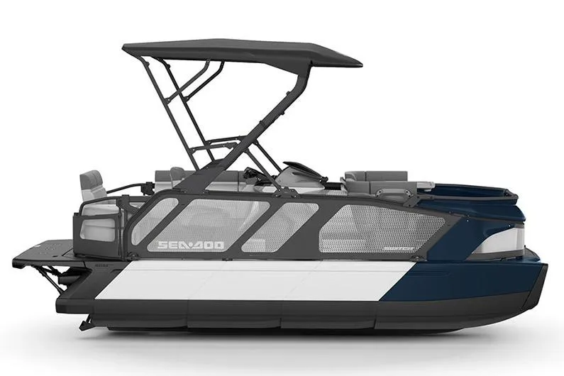 Slide: The Image of 2024 Sea-Doo Switch Cruise 18 dashboard with GPS and controls on water. - 3