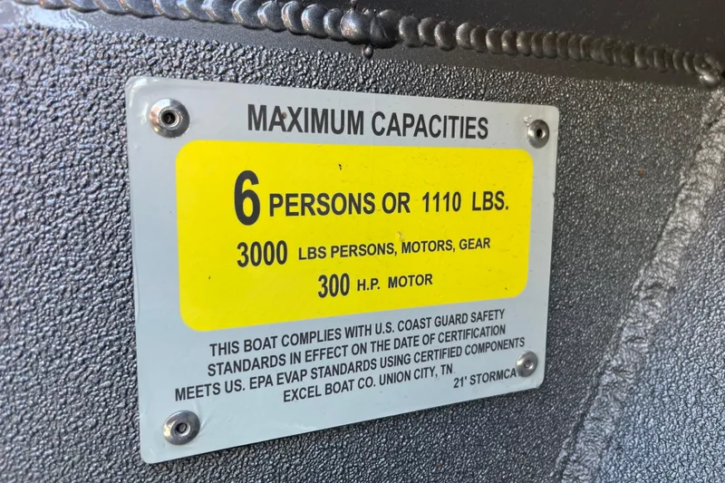 Slide: The Image of Excel Buoy 10 boat capacity label, 2025 model, 6 persons or 1110 lbs, 3000 lbs total. - 21