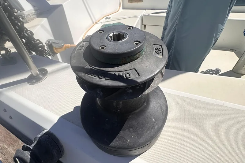 Slide: The Image of Deck winch on a 1978 Pearson 424 sailboat, used for sail handling. - 13