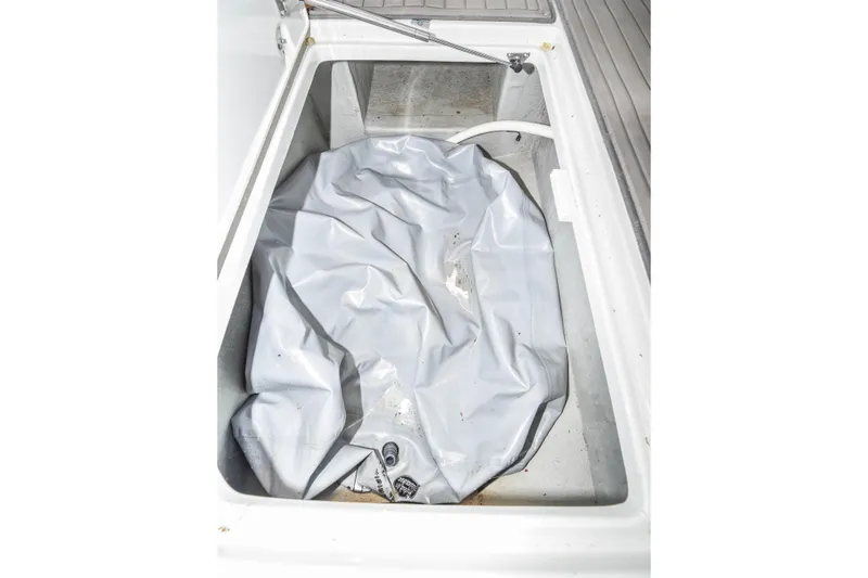 Slide: The Image of Storage compartment of 2019 Crownline Eclipse E255 SURF boat with gray cover inside. - 25